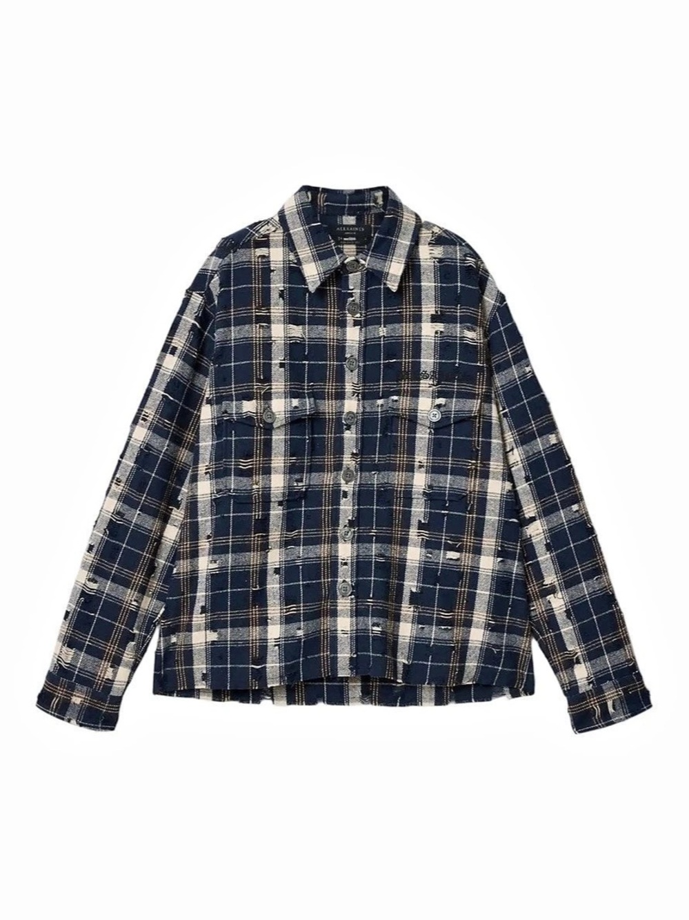 AllSaints Rei Distressed Check Shirt Blue & White XL